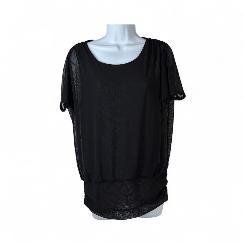 Chico's Sz 1 US 8 Womens Black Semi-Sheer Mesh Top Slit Sleeves Ruched Blouse